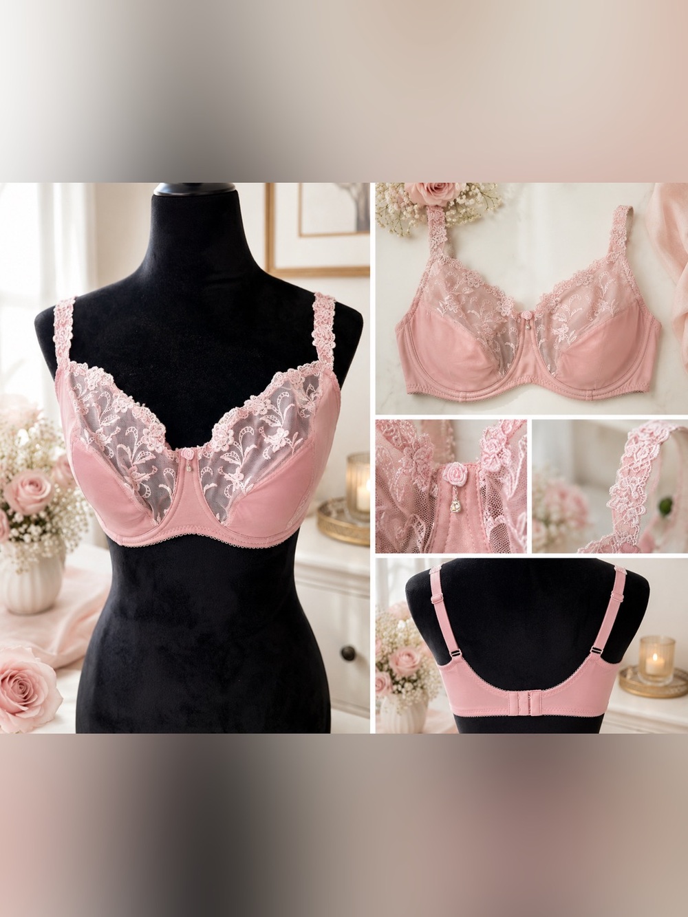 Deauville Delicate Lace Underwire Bra - Dusty Pink size 38E